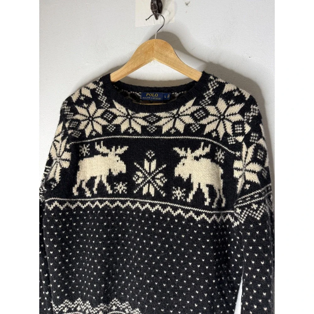 Polo Ralph Lauren Mens Fair Isle Moose Merino Wool Alpaca Sweater Black Large